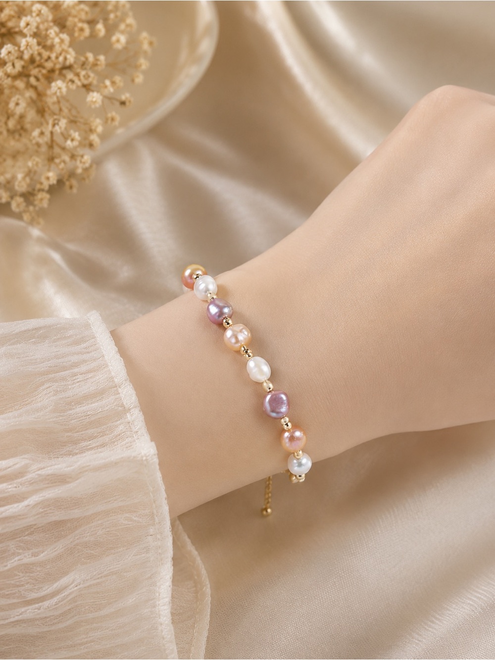 #175 18K Gold Plated Natural Pearl Bracelet Warm Colorway